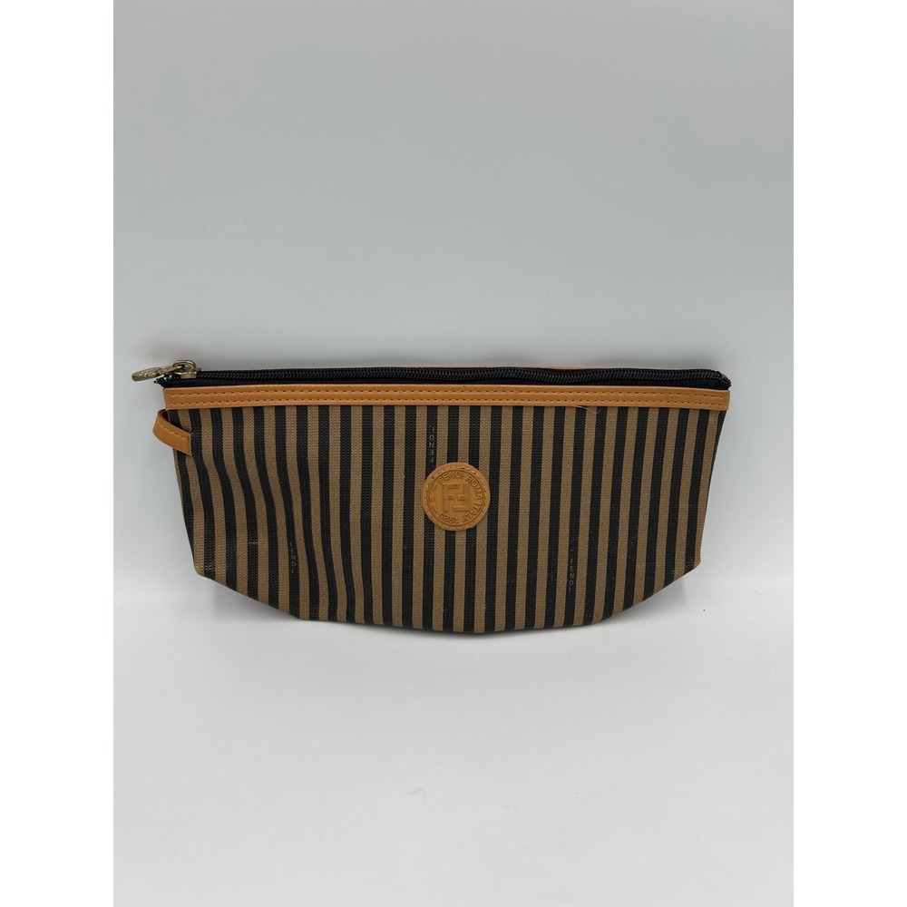 Fendi Pequin Striped Canvas Leather Cosmetic Pouch Bag Brown Black Vintage Italy